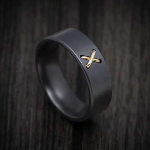 Flint XVIII - Black Zirconium Men's Wedding Ring with 14K Gold Stitch Design - Nura Lab