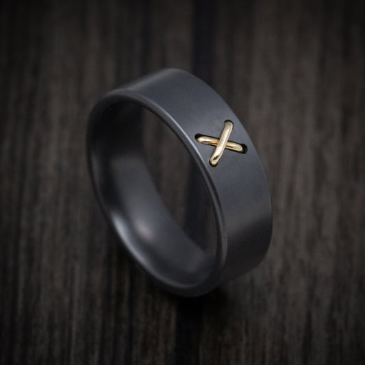 Flint XVIII - Black Zirconium Men's Wedding Ring with 14K Gold Stitch Design - Nura Lab