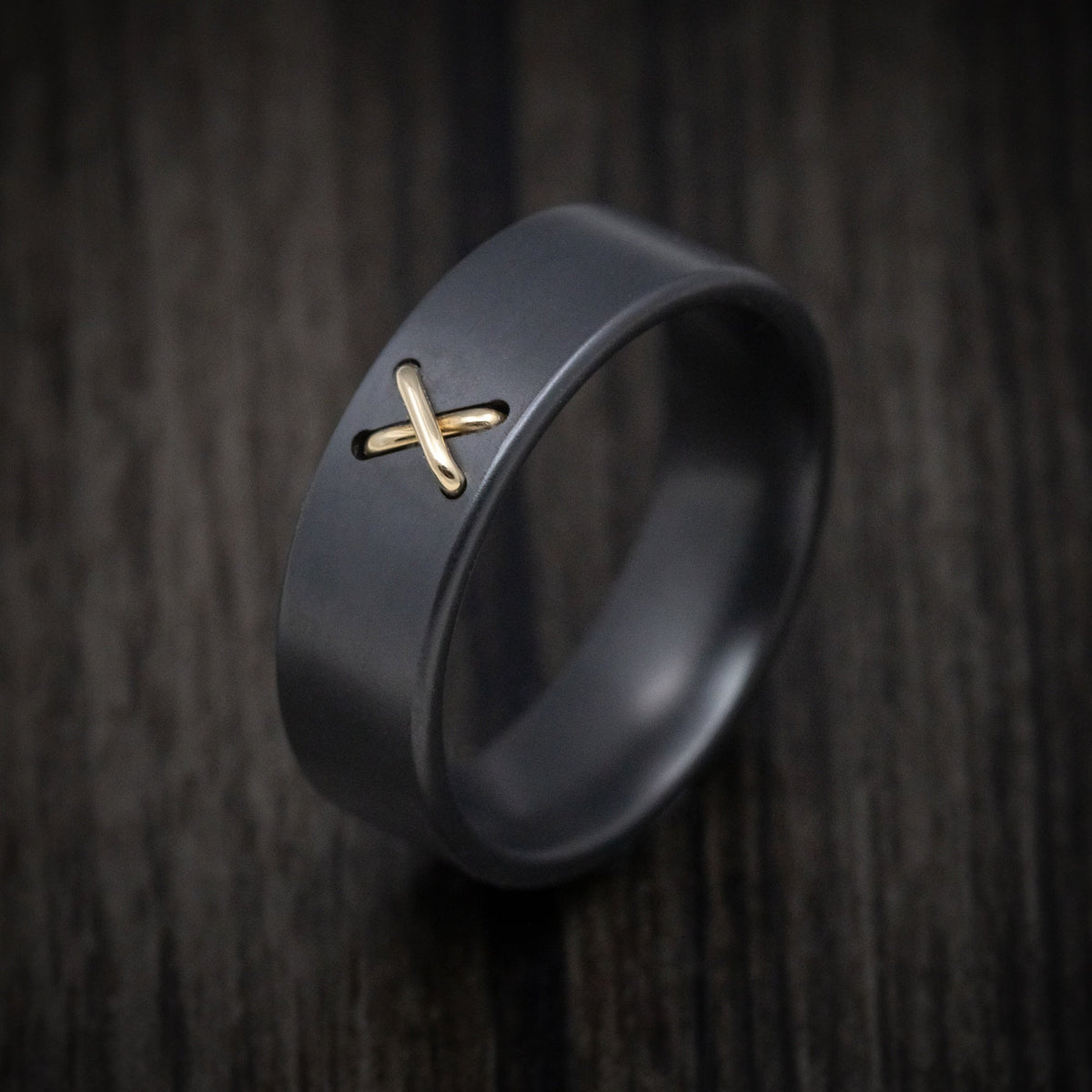 Flint XVIII - Black Zirconium Men's Wedding Ring with 14K Gold Stitch Design - view 3 - Nura Lab