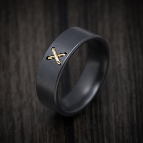 Flint XVIII - Black Zirconium Men's Wedding Ring with 14K Gold Stitch Design - view 3 - Nura Lab