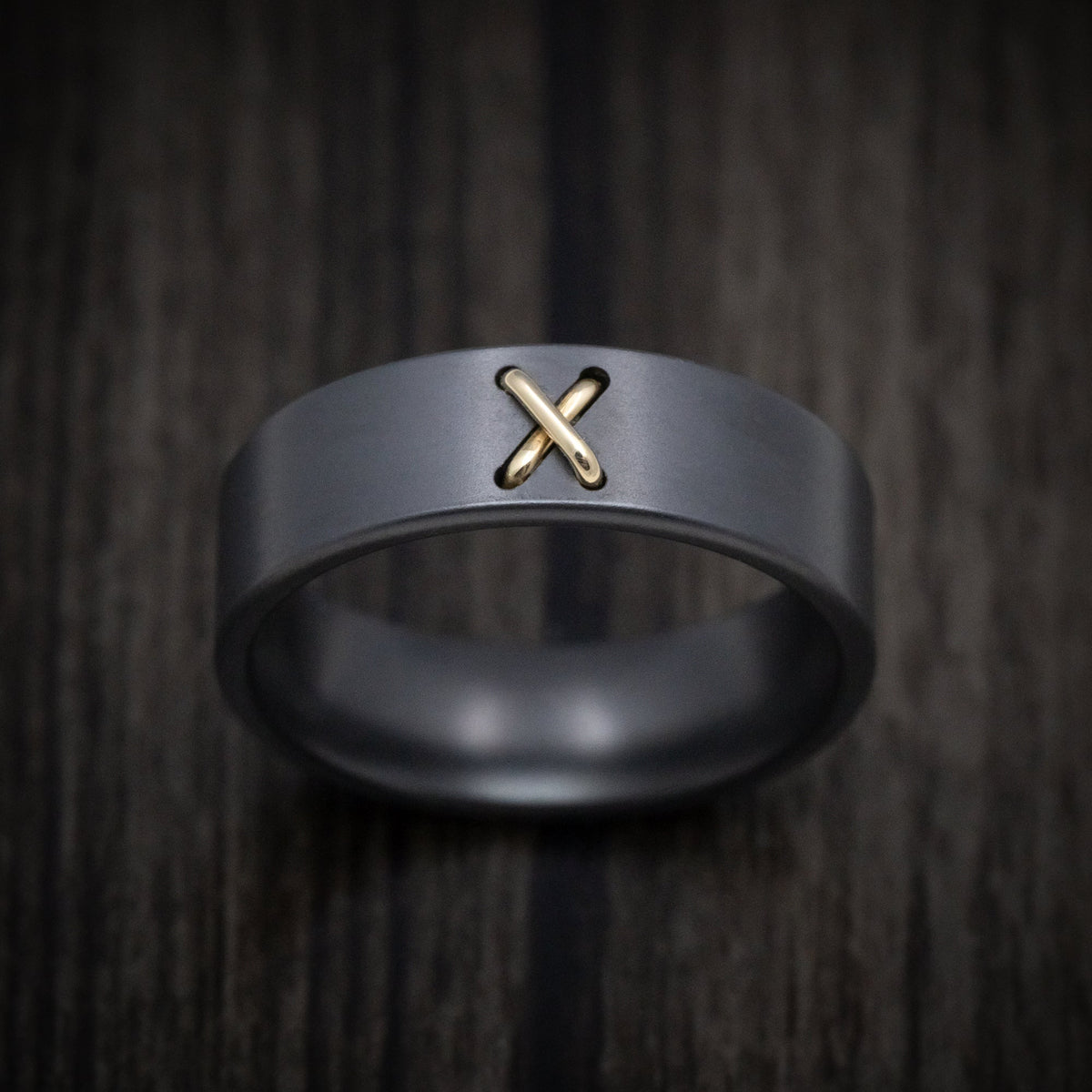 Flint XVIII - Black Zirconium Men's Wedding Ring with 14K Gold Stitch Design - view 2 - Nura Lab