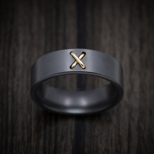 Flint XVIII - Black Zirconium Men's Wedding Ring with 14K Gold Stitch Design - view 2 - Nura Lab