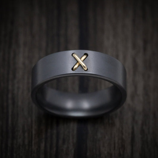 Flint XVIII - Black Zirconium Men's Wedding Ring with 14K Gold Stitch Design - view 2 - Nura Lab