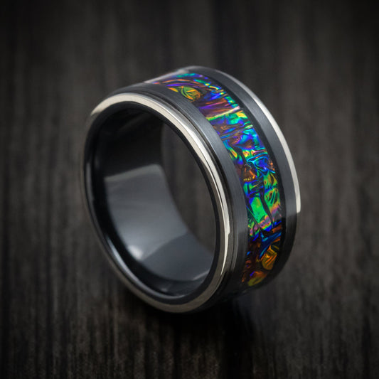Citadel XVII - Black Zirconium and Dichrolam Inlay Men's Wedding Ring with Gold Edges Band - Nura Lab