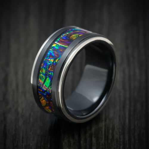 Citadel XVII - Black Zirconium and Dichrolam Inlay Men's Wedding Ring with Gold Edges Band - view 4 - Nura Lab