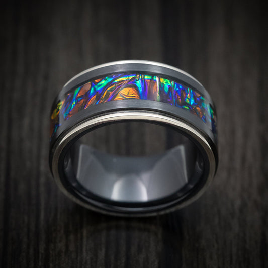 Citadel XVII - Black Zirconium and Dichrolam Inlay Men's Wedding Ring with Gold Edges Band - view 2 - Nura Lab