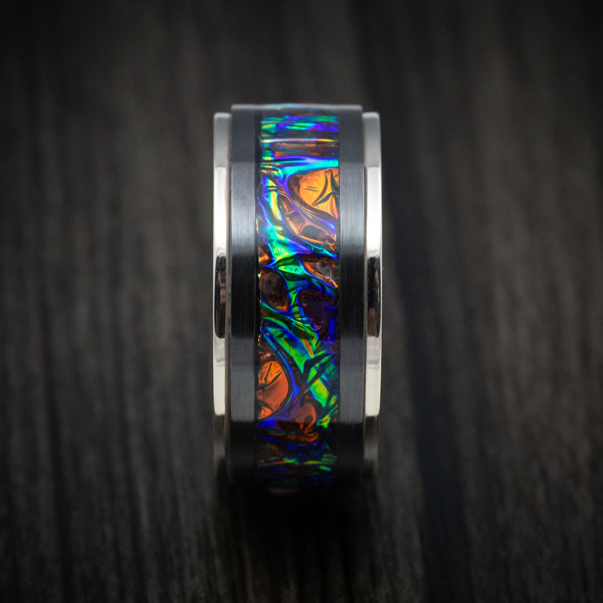 Citadel XVII - Black Zirconium and Dichrolam Inlay Men's Wedding Ring with Gold Edges Band - view 3 - Nura Lab