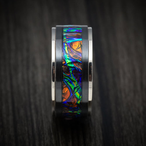 Citadel XVII - Black Zirconium and Dichrolam Inlay Men's Wedding Ring with Gold Edges Band - view 3 - Nura Lab