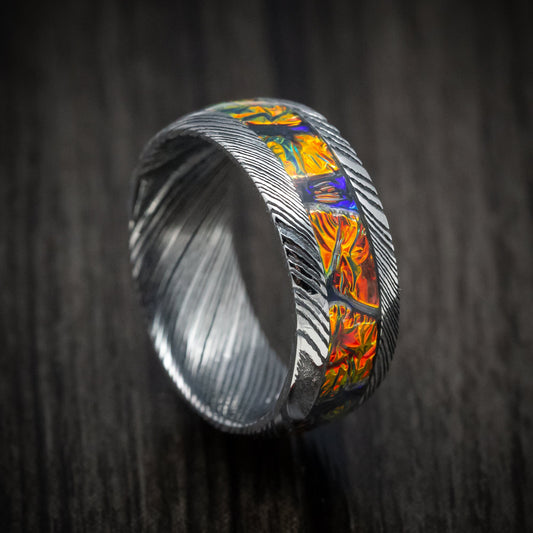 Slate XII - Woodgrain Kuro Damascus Steel and Dichrolam Inlay Men's Wedding Ring Band - Nura Lab
