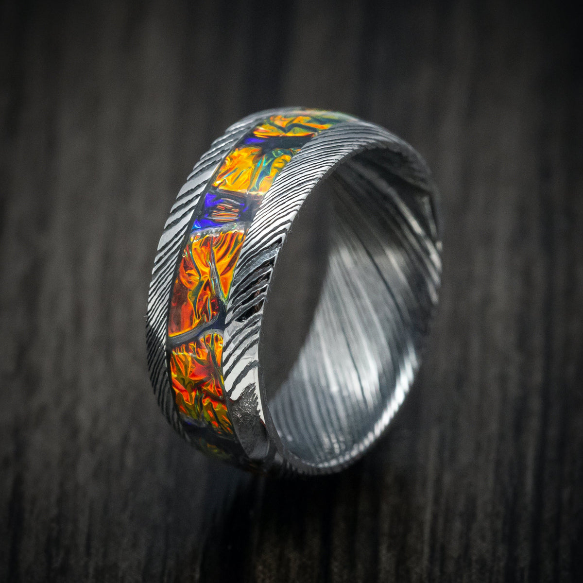 Slate XII - Woodgrain Kuro Damascus Steel and Dichrolam Inlay Men's Wedding Ring Band - view 4 - Nura Lab