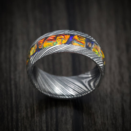Slate XII - Woodgrain Kuro Damascus Steel and Dichrolam Inlay Men's Wedding Ring Band - view 2 - Nura Lab