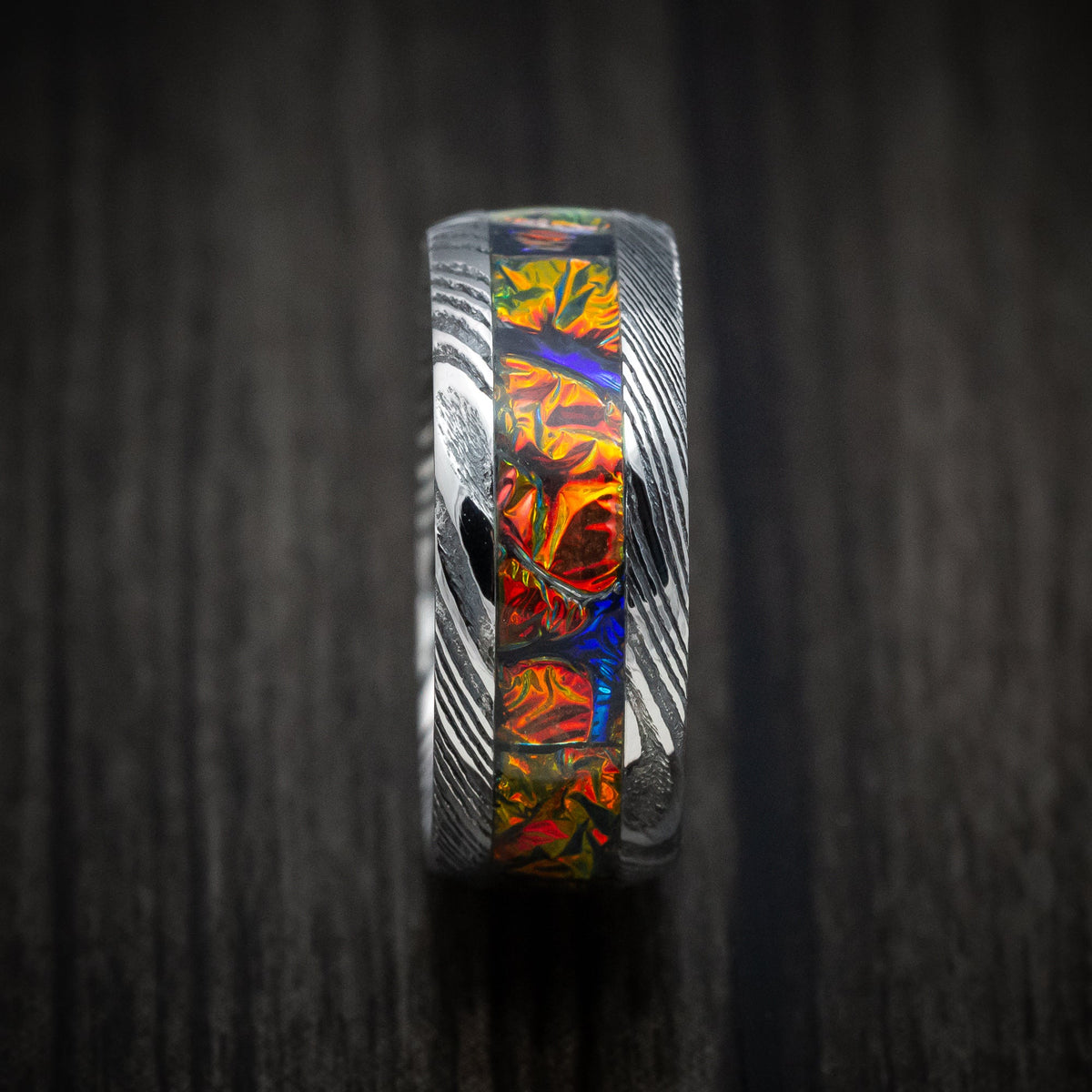 Slate XII - Woodgrain Kuro Damascus Steel and Dichrolam Inlay Men's Wedding Ring Band - view 3 - Nura Lab