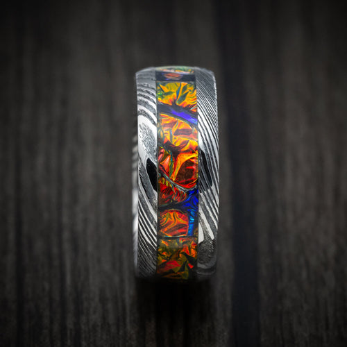 Slate XII - Woodgrain Kuro Damascus Steel and Dichrolam Inlay Men's Wedding Ring Band - view 3 - Nura Lab