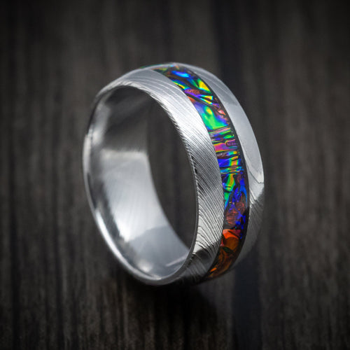 Nomad XI - Damascus Steel and Dichrolam Inlay Men's Wedding Ring Band - Nura Lab