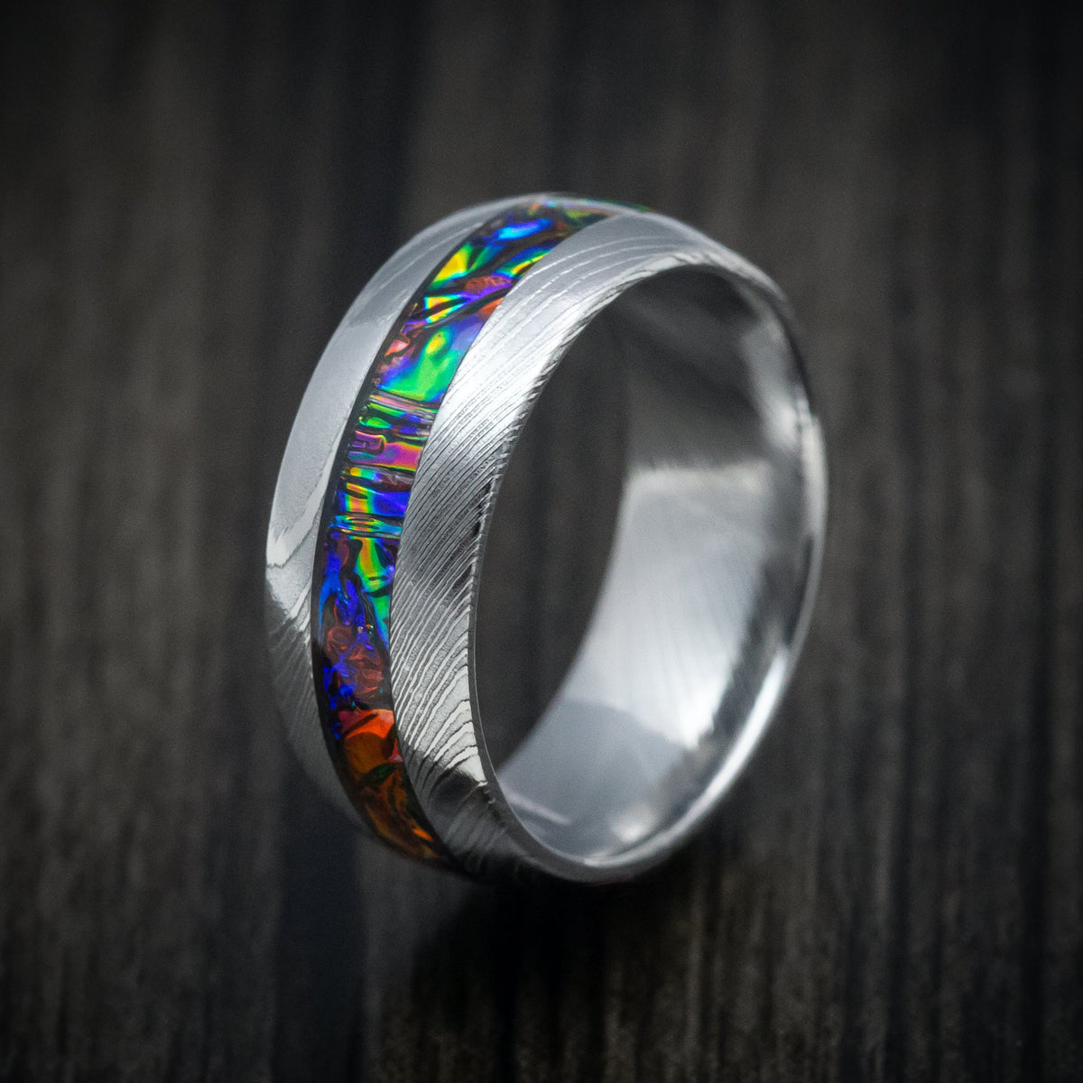 Nomad XI - Damascus Steel and Dichrolam Inlay Men's Wedding Ring Band - view 4 - Nura Lab