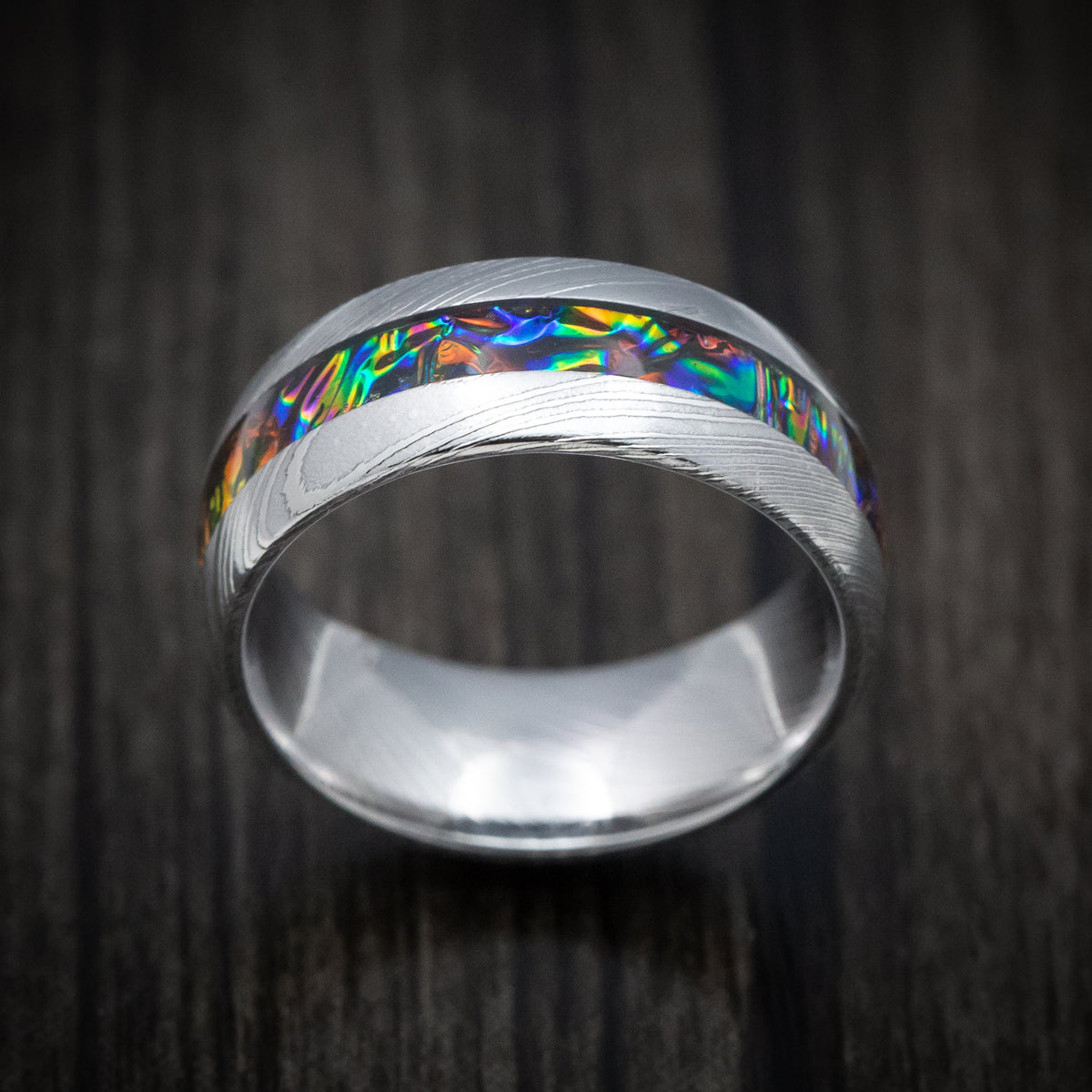 Nomad XI - Damascus Steel and Dichrolam Inlay Men's Wedding Ring Band - view 2 - Nura Lab