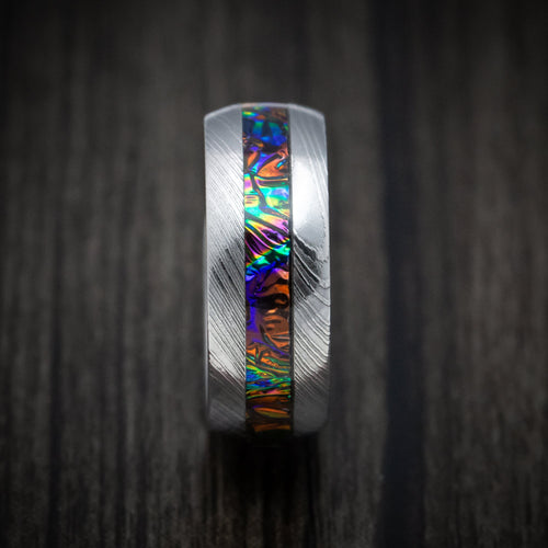 Nomad XI - Damascus Steel and Dichrolam Inlay Men's Wedding Ring Band - view 3 - Nura Lab