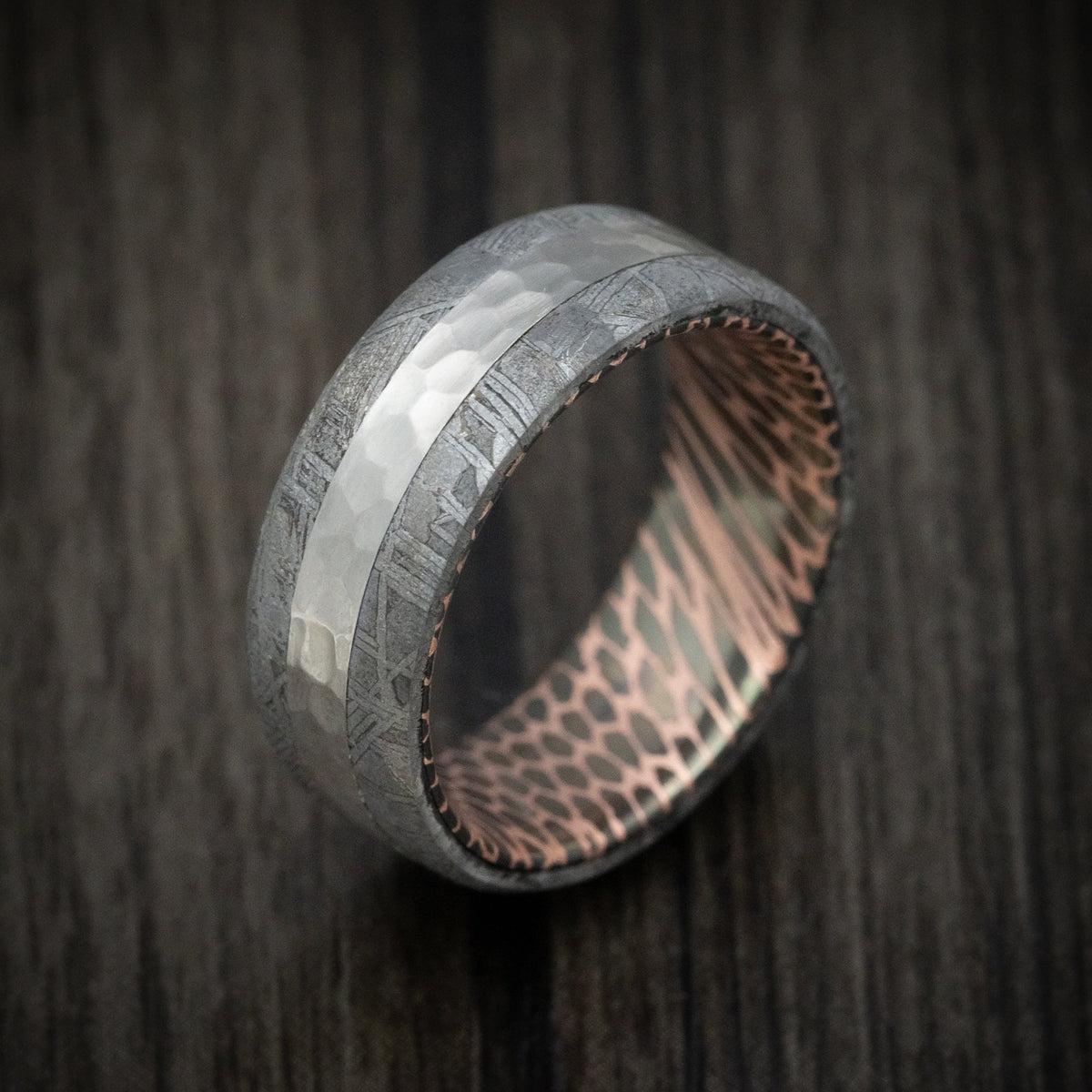Equinox XVII - Gibeon Meteorite Men's Wedding Ring with Darkened Superconductor Sleeve and Platinum Inlay - view 3 - Nura Lab