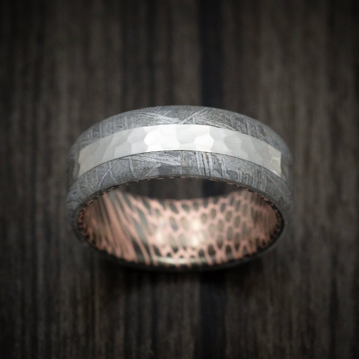Equinox XVII - Gibeon Meteorite Men's Wedding Ring with Darkened Superconductor Sleeve and Platinum Inlay - view 2 - Nura Lab