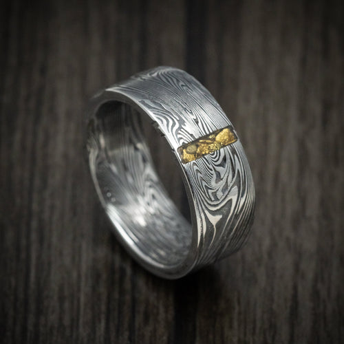 North XI - Sunset Kuro Damascus Steel Wedding Ring with Vertical 24K Gold Nugget Inlay - Nura Lab