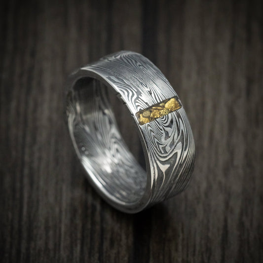 North XI - Sunset Kuro Damascus Steel Wedding Ring with Vertical 24K Gold Nugget Inlay - Nura Lab