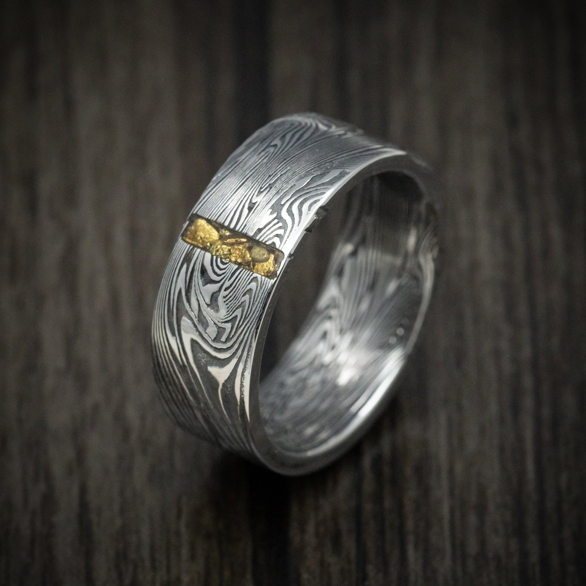North XI - Sunset Kuro Damascus Steel Wedding Ring with Vertical 24K Gold Nugget Inlay - view 3 - Nura Lab
