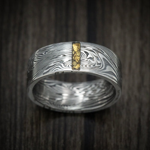 North XI - Sunset Kuro Damascus Steel Wedding Ring with Vertical 24K Gold Nugget Inlay - view 2 - Nura Lab