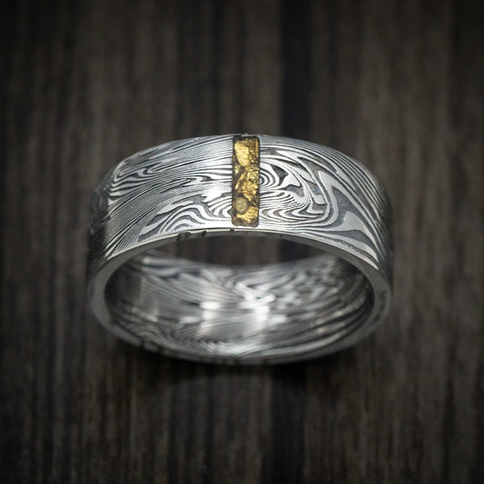 North XI - Sunset Kuro Damascus Steel Wedding Ring with Vertical 24K Gold Nugget Inlay - view 2 - Nura Lab