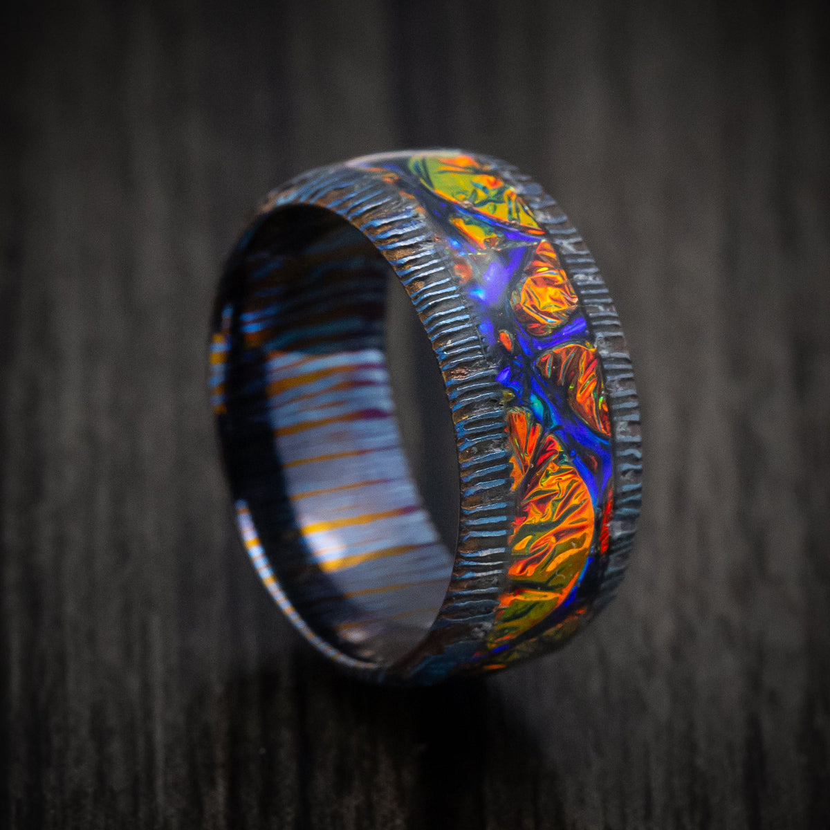 Northwind VI - Kuro-Ti Heat-Treated Titanium Damascus and Dichrolam Inlay Men's Wedding Ring Band - Nura Lab