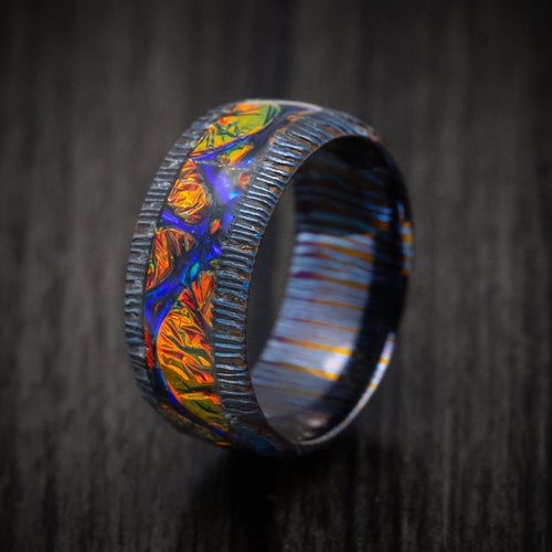 Northwind VI - Kuro-Ti Heat-Treated Titanium Damascus and Dichrolam Inlay Men's Wedding Ring Band - view 4 - Nura Lab