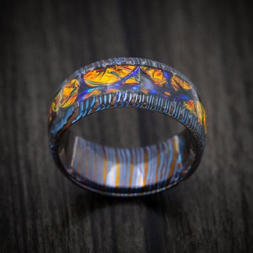Northwind VI - Kuro-Ti Heat-Treated Titanium Damascus and Dichrolam Inlay Men's Wedding Ring Band - view 2 - Nura Lab