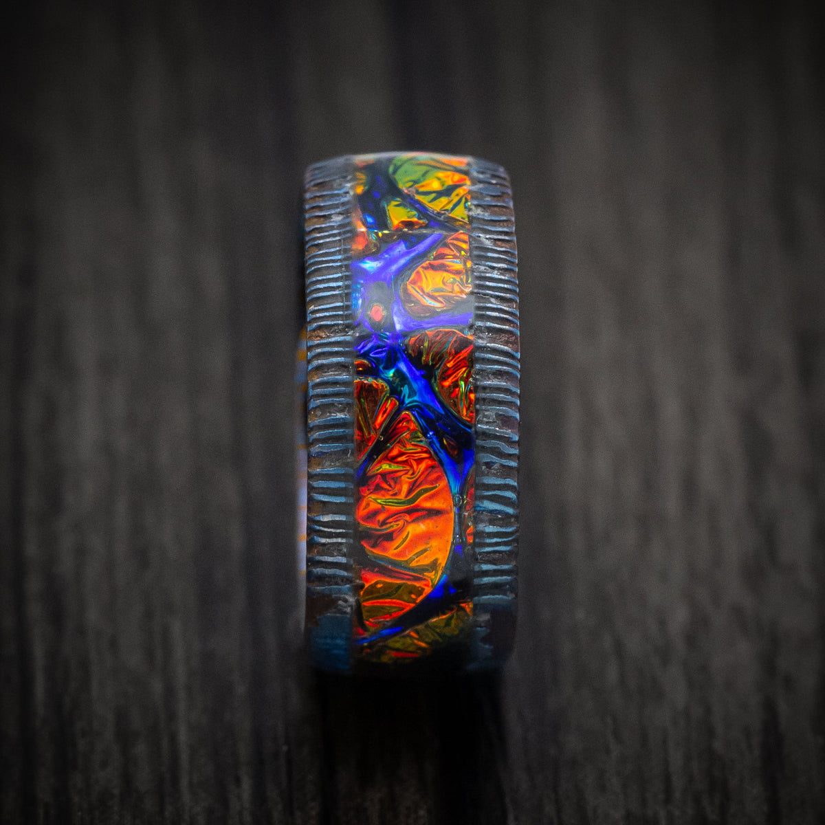 Northwind VI - Kuro-Ti Heat-Treated Titanium Damascus and Dichrolam Inlay Men's Wedding Ring Band - view 3 - Nura Lab