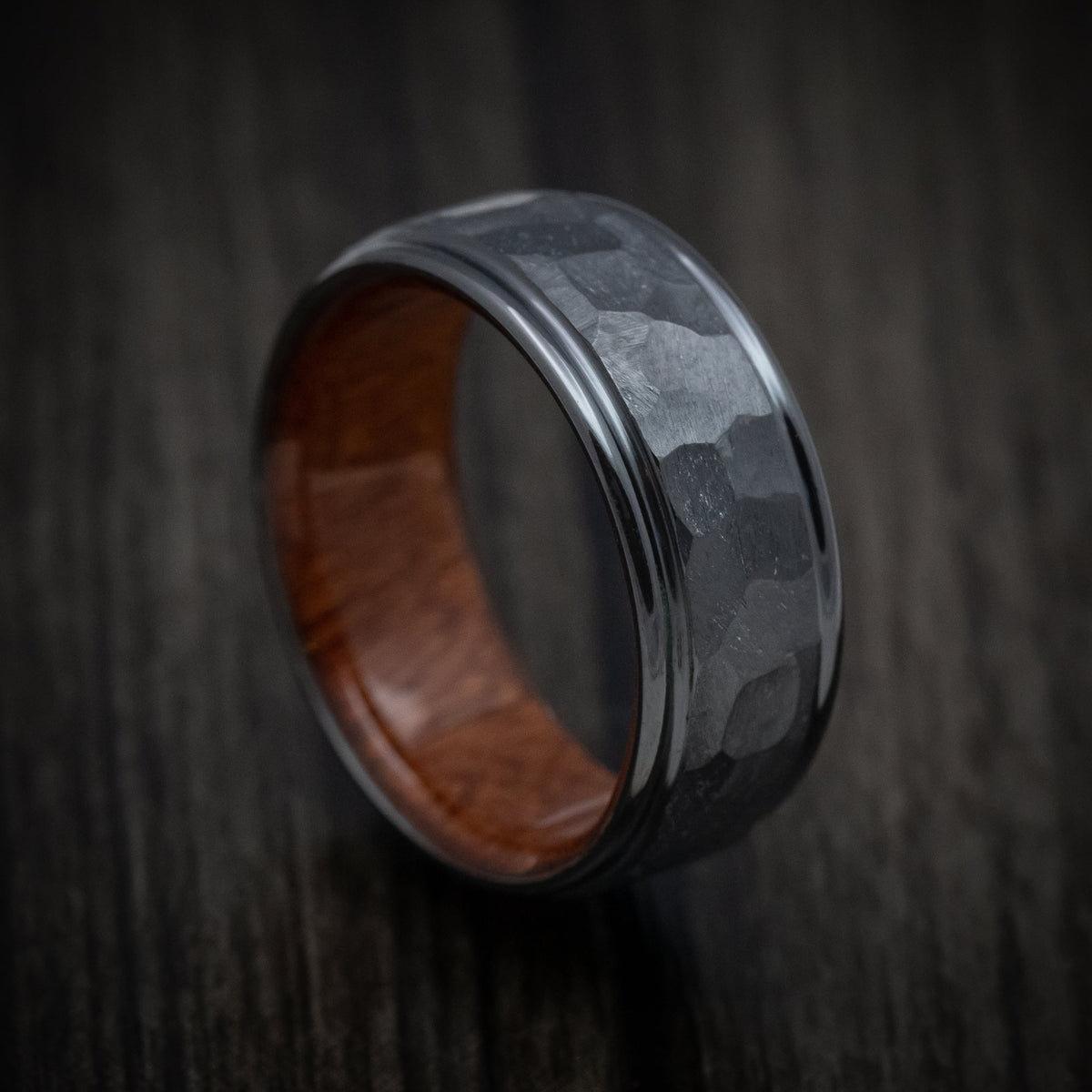 Obsidian XIII - Black Zirconium Rock Finish Band with Wood Sleeve Men's Wedding Ring - Nura Lab