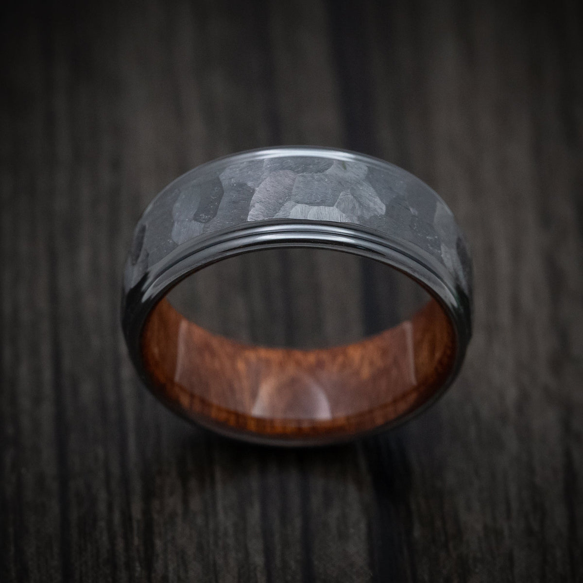 Obsidian XIII - Black Zirconium Rock Finish Band with Wood Sleeve Men's Wedding Ring - view 2 - Nura Lab