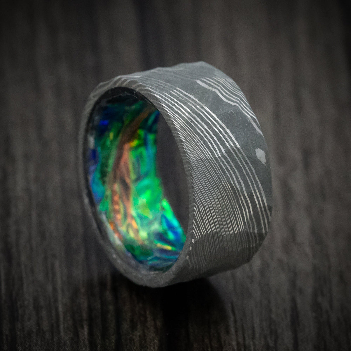 Frontier XI - Damascus Steel and Dichrolam Sleeve Men's Wedding Ring Band - Nura Lab