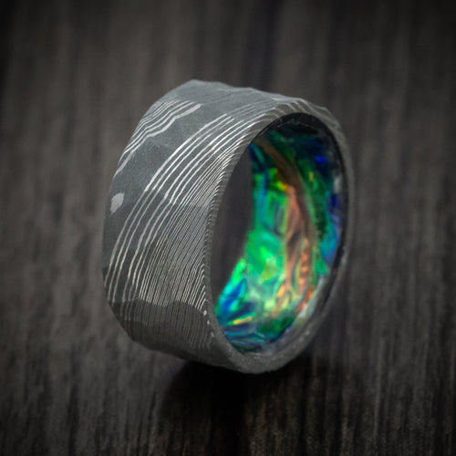 Frontier XI - Damascus Steel and Dichrolam Sleeve Men's Wedding Ring Band - view 4 - Nura Lab