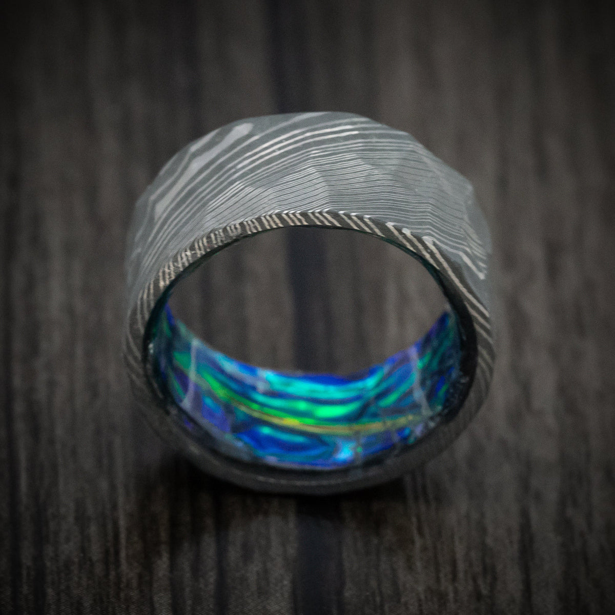 Frontier XI - Damascus Steel and Dichrolam Sleeve Men's Wedding Ring Band - view 2 - Nura Lab