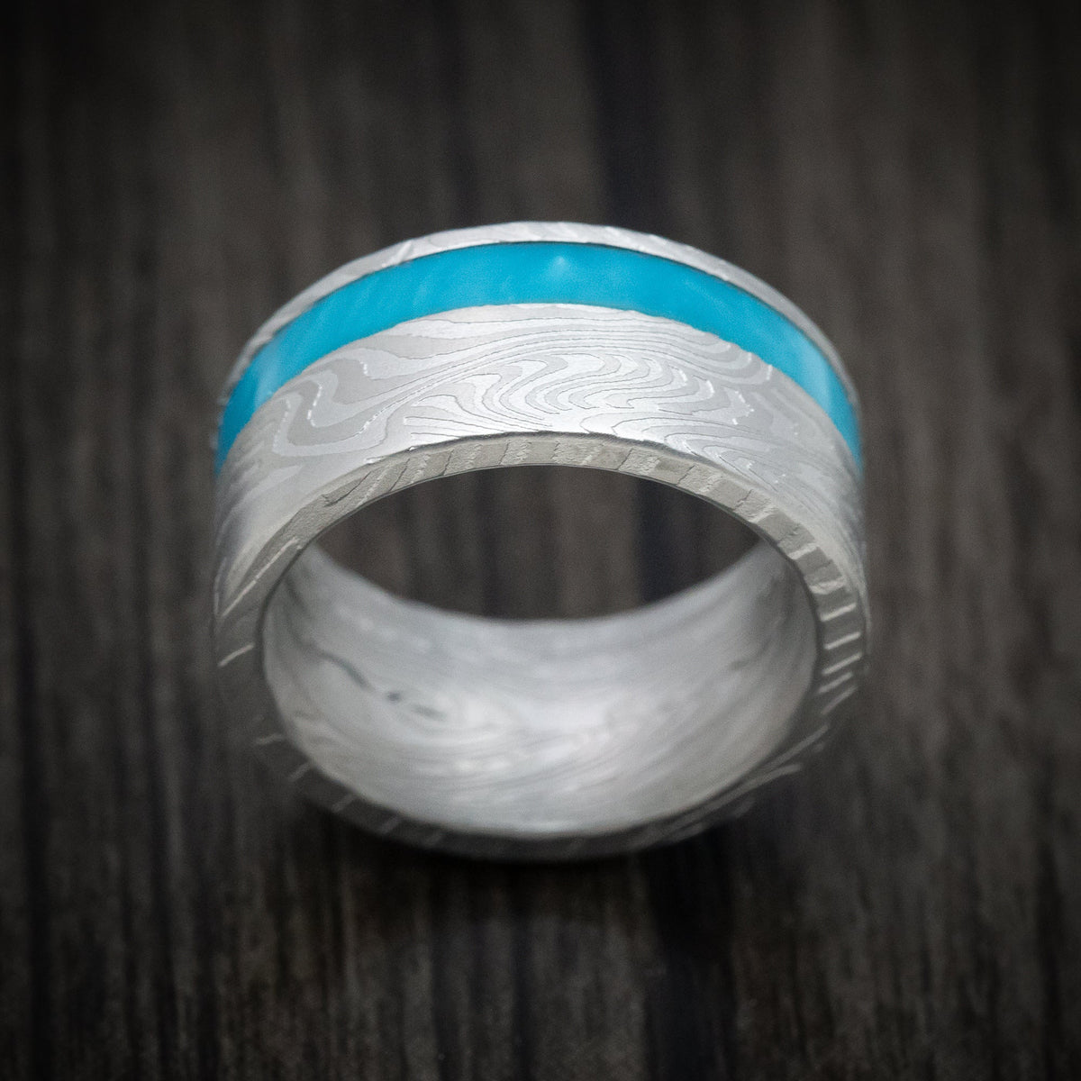 Flint XII - Sunset Kuro Damascus Steel and Juma Inlay Men's Wedding Ring Band - view 2 - Nura Lab