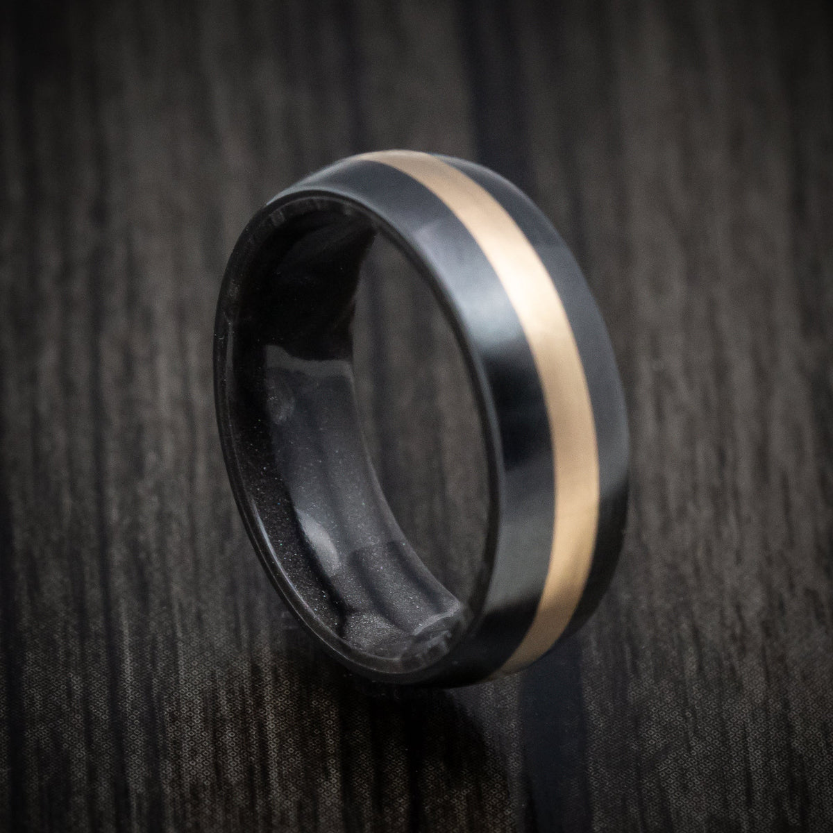 Highland XVIII - Black Zirconium and Juma Sleeve Men's Wedding Ring with 14K Gold Inlay Band - view 2 - Nura Lab