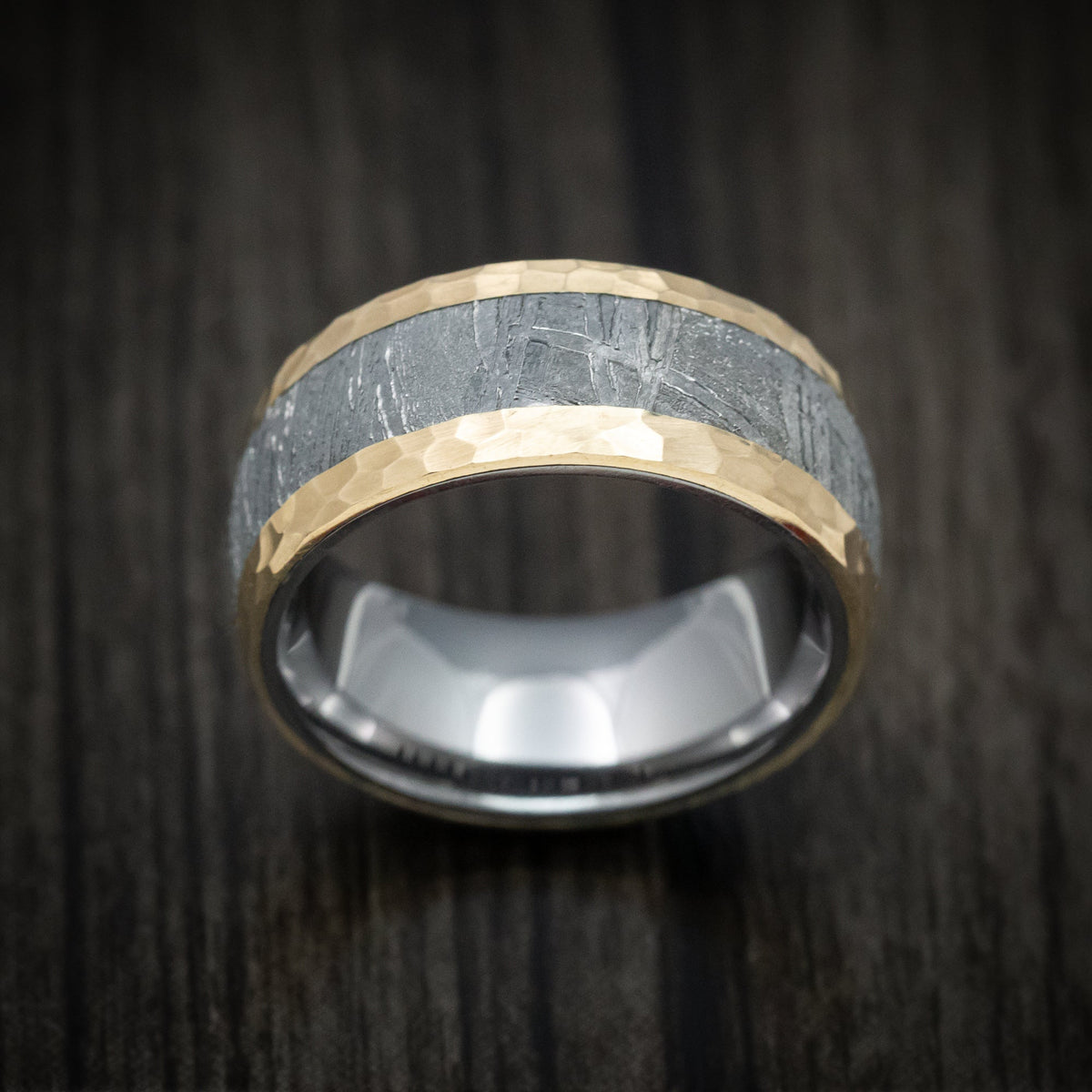 Nomad XIV - 14K Gold Men's Wedding Ring with Meteorite Inlay and Tantalum Sleeve Band - view 2 - Nura Lab