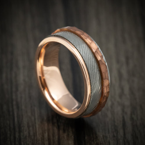 Ember XII - Damascus Steel Men's Wedding Ring with Copper Inlay and Interior 14k Rose Gold Sleeve Band - Nura Lab