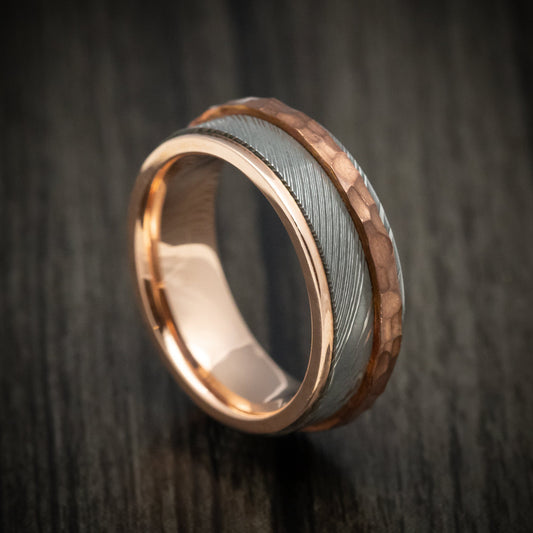 Ember XII - Damascus Steel Men's Wedding Ring with Copper Inlay and Interior 14k Rose Gold Sleeve Band - Nura Lab