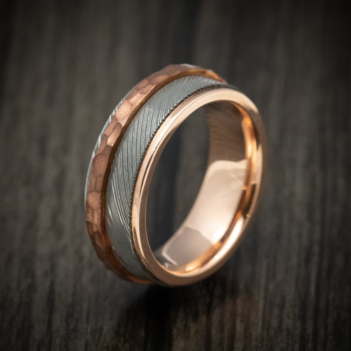 Ember XII - Damascus Steel Men's Wedding Ring with Copper Inlay and Interior 14k Rose Gold Sleeve Band - view 4 - Nura Lab