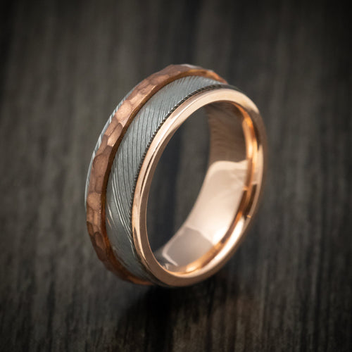 Ember XII - Damascus Steel Men's Wedding Ring with Copper Inlay and Interior 14k Rose Gold Sleeve Band - view 4 - Nura Lab