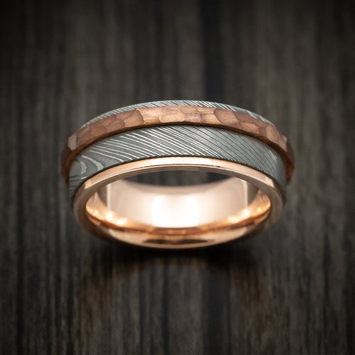 Ember XII - Damascus Steel Men's Wedding Ring with Copper Inlay and Interior 14k Rose Gold Sleeve Band - view 2 - Nura Lab