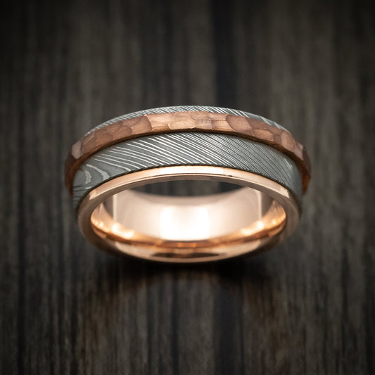 Ember XII - Damascus Steel Men's Wedding Ring with Copper Inlay and Interior 14k Rose Gold Sleeve Band - view 2 - Nura Lab