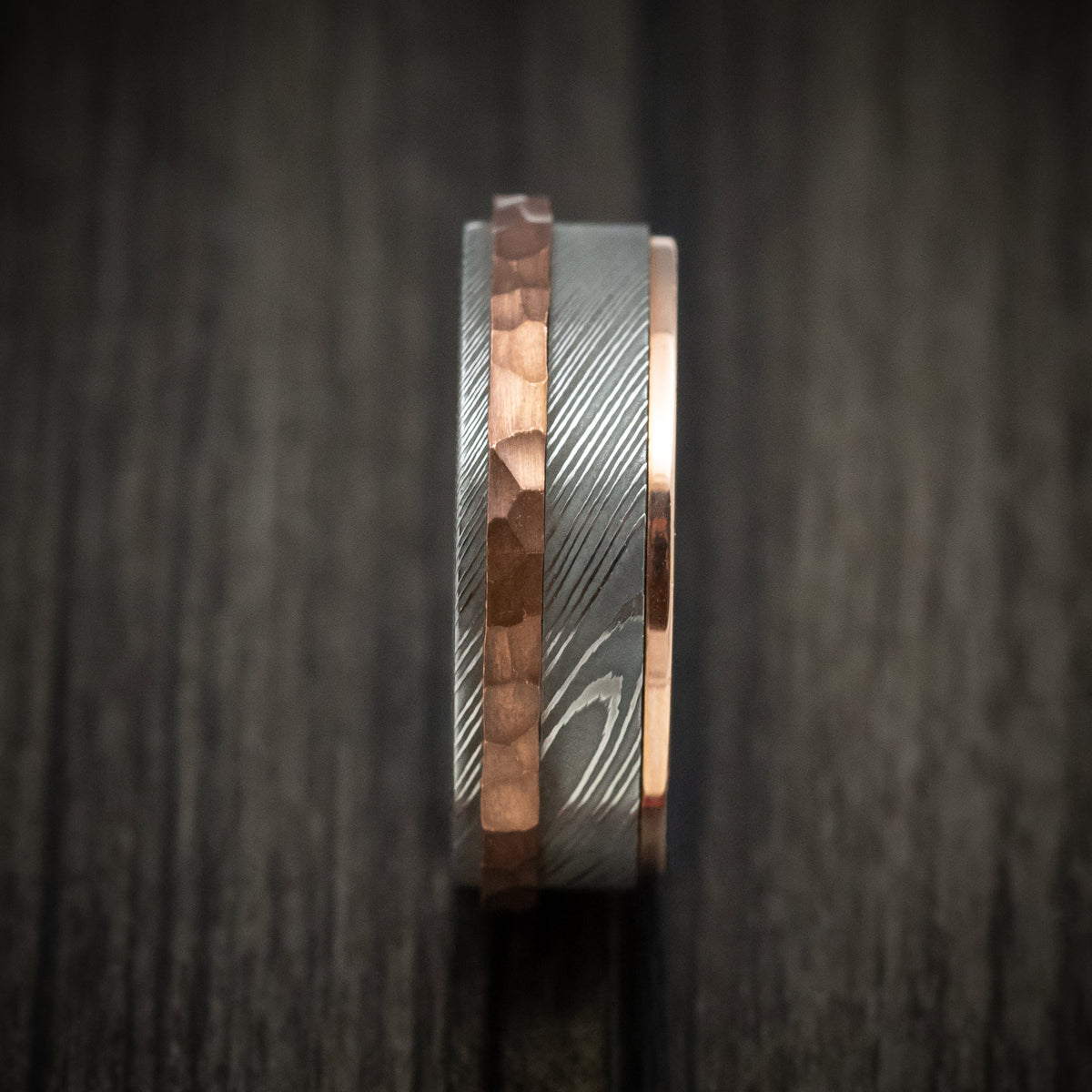 Ember XII - Damascus Steel Men's Wedding Ring with Copper Inlay and Interior 14k Rose Gold Sleeve Band - view 3 - Nura Lab