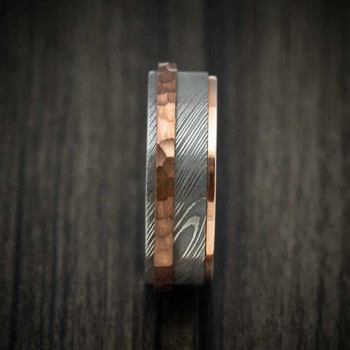 Ember XII - Damascus Steel Men's Wedding Ring with Copper Inlay and Interior 14k Rose Gold Sleeve Band - view 3 - Nura Lab
