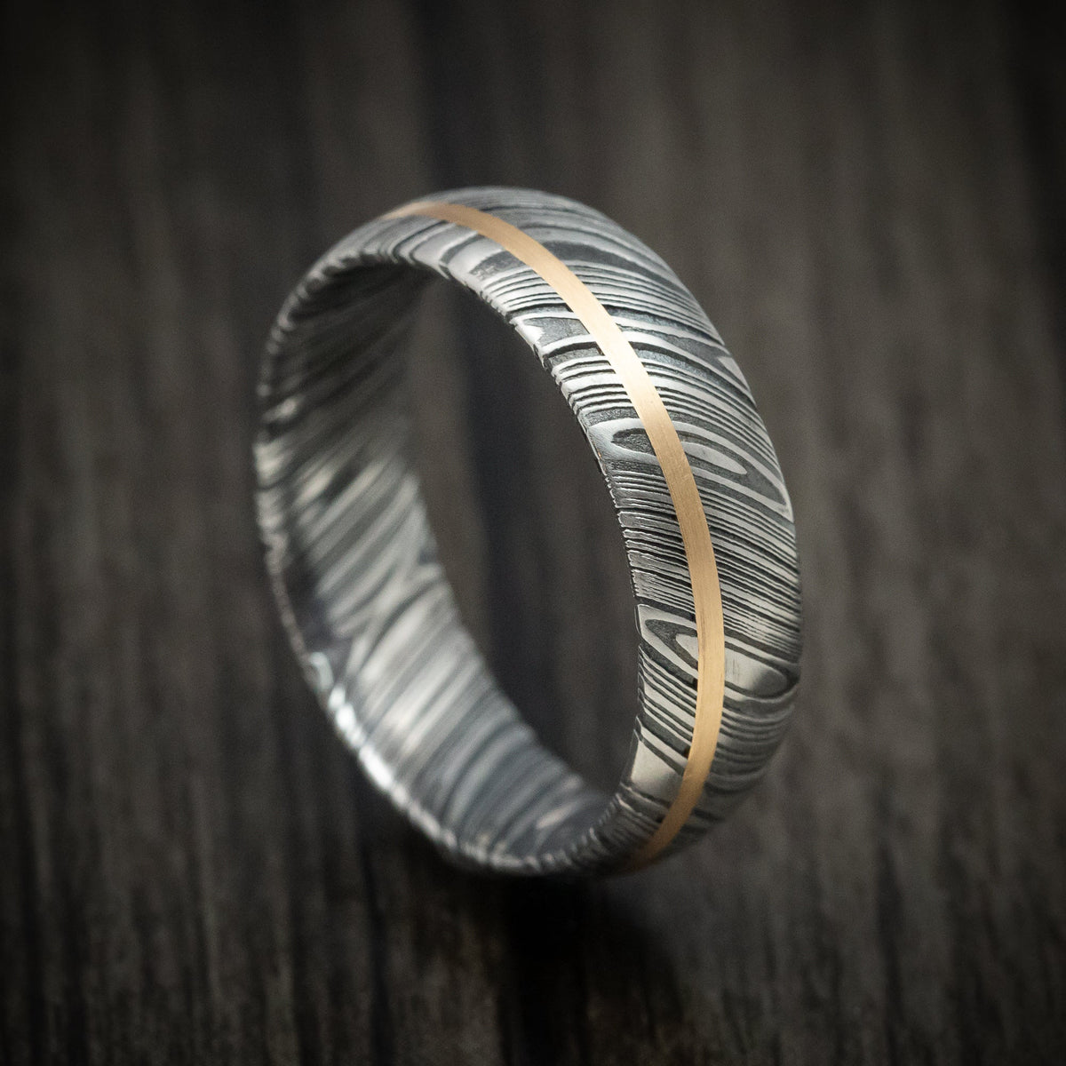 North XII - Woodgrain Kuro Damascus Steel Men's Ring And 14k Gold Wedding Ring Genuine Craftsmanship - Nura Lab