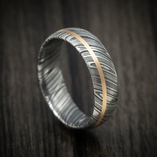 North XII - Woodgrain Kuro Damascus Steel Men's Ring And 14k Gold Wedding Ring Genuine Craftsmanship - Nura Lab